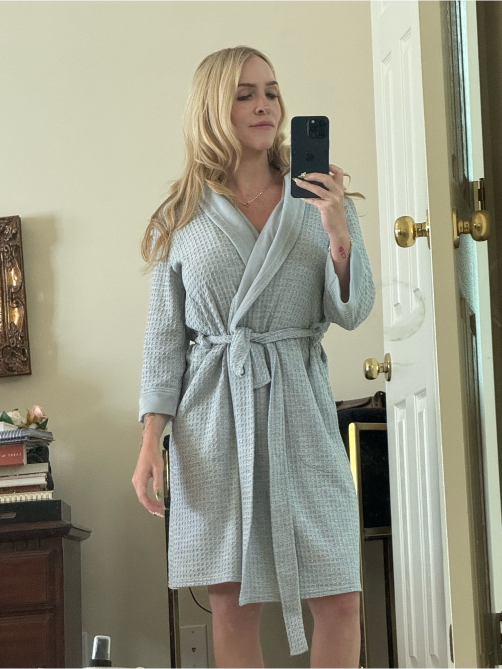Light Gray Waffle Knit Robe with Belt - Women Intimates & Sleepwear